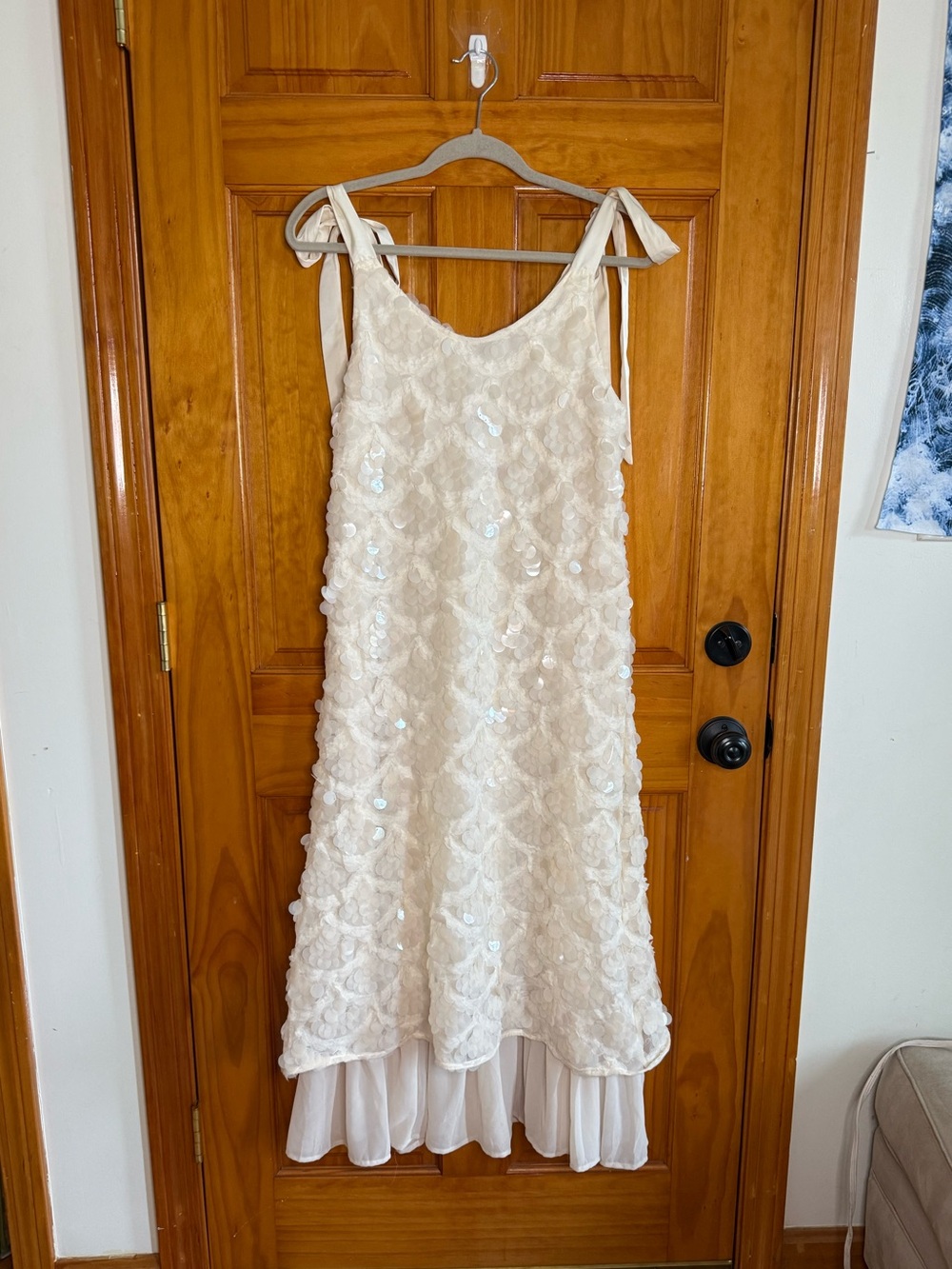 En Saison Emryn Sequin Ivory Midi Dress with Ruffle Hem and Bow Shoulder Ties - Picture 2 of 8